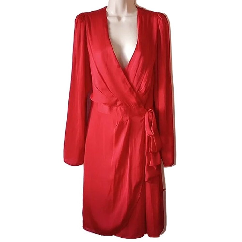 Banana Republic Satin Belted Wrap Dress 16 Red Long Sleeve Lined